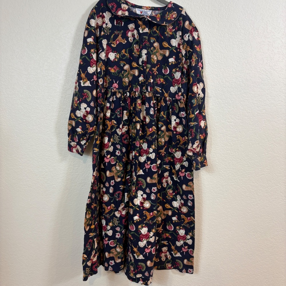 Eagle's Eye Dress Girls 10-12 Navy Vintage Christmas Teddy Bear Print Holiday